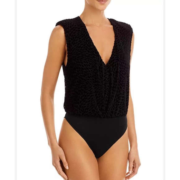 RAMY BROOKE Regina Bodysuit Womens XS Black Velvet Burnout Sleeveless V-neck - Picture 2 of 16
